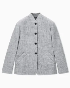 Stehkragenblazer aus Seersucker mit Schurwolle und Seide Grau