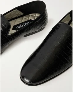 Steven Grosgrain-Trimmed Croc-Effect Leather Loafers Black