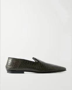Steven Grosgrain-Trimmed Croc-Effect Leather Loafers Brown