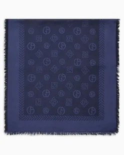 Stola aus Schurwolle und Seide mit Monogramm in Jacquard-Stoff-Verarbeitung Blau