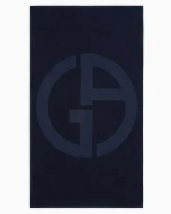 Strandtuch aus Baumwolle mit Jacquard-Logo Marineblau