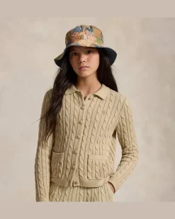 Strickjacke mit Zopfmuster und Kragen Tan