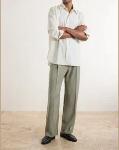 Striped Wool-Poplin Shirt Neutrals