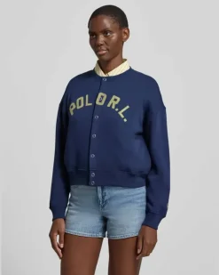 Sweatjacke mit Label-Print und Knopfleiste Marine
