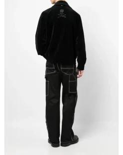 Sweatshirtjacke in Samtoptik - Schwarz