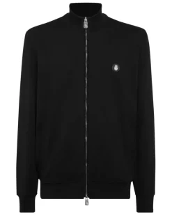 Sweatshirtjacke mit Logo-Schild - Schwarz