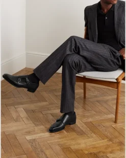 Thomas Cap-Toe Leather Monk-Strap Shoes Black