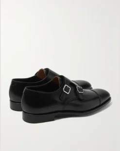 Thomas Cap-Toe Leather Monk-Strap Shoes Black