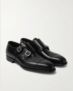 Thomas Cap-Toe Leather Monk-Strap Shoes Black