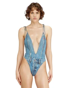 Tiefer Badeanzug mit Denim-Trompe l'ail - Badeanzüge - Damen - Blau
