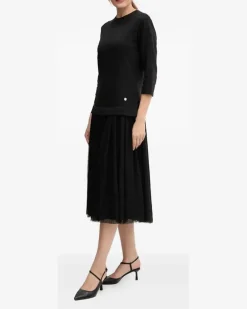 Tüllkleid mit Dreiviertelärmeln - Schwarz