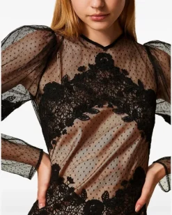 Tüllkleid mit Spitzendetail - Schwarz