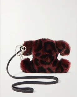 Triomphe Leopard-Print Shearling and Leather Keyring Burgundy