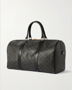 Triomphe Medium Leather-Trimmed Logo-Jacquard Canvas Weekend Bag Black