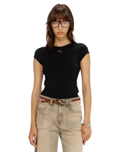 T-Shirt mit ausgeschnittenem, besticktem Logo - T-Shirts - Damen - Schwarz