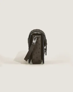 Umhängetasche mit Federdetail aus Leder mit Straußenprägung - Khaki - Leder - MB220472 - Messenger Bags