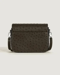 Umhängetasche mit Federdetail aus Leder mit Straußenprägung - Khaki - Leder - MB220472 - Messenger Bags