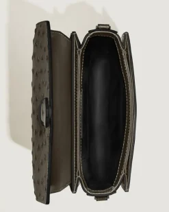 Umhängetasche mit Federdetail aus Leder mit Straußenprägung - Khaki - Leder - MB220472 - Messenger Bags
