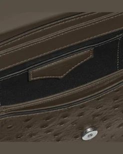 Umhängetasche mit Federdetail aus Leder mit Straußenprägung - Khaki - Leder - MB220472 - Messenger Bags