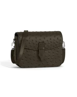 Umhängetasche mit Federdetail aus Leder mit Straußenprägung - Khaki - Leder - MB220472 - Messenger Bags
