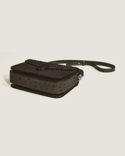 Umhängetasche mit Federdetail aus Leder mit Straußenprägung - Khaki - Leder - MB220472 - Messenger Bags
