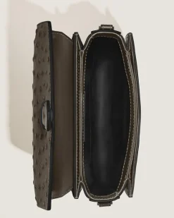Umhängetasche mit Federdetail aus Leder mit Straußenprägung - Khaki - Leder - MB220472 - Messenger Bags