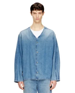 V-Ausschnitt-Hemd aus fließendem Denim mit Streifen - T-Shirts - Herren - Blau
