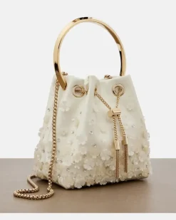 Verzierte Bucket-Bag Bon Bon Small aus Satin Weiß