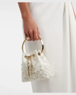 Verzierte Bucket-Bag Bon Bon Small aus Satin Weiß