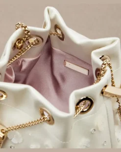 Verzierte Bucket-Bag Bon Bon Small aus Satin Weiß