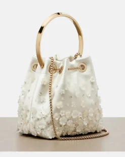 Verzierte Bucket-Bag Bon Bon Small aus Satin Weiß