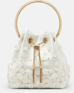 Verzierte Bucket-Bag Bon Bon Small aus Satin Weiß