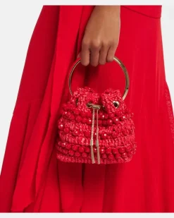 Verzierte Bucket Bag Bon Bon Small aus Raffiabast Rot