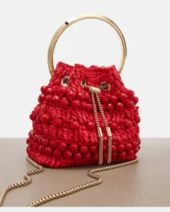 Verzierte Bucket Bag Bon Bon Small aus Raffiabast Rot