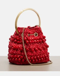Verzierte Bucket Bag Bon Bon Small aus Raffiabast Rot