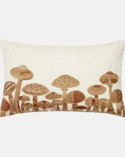 Verziertes Kissen Mushroom Field aus Leinen Weiß
