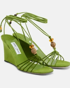 Verzierte Wedge-Sandalen Lola aus Veloursleder GrüN