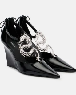 Verzierte Wedges Dragon aus Leder Schwarz