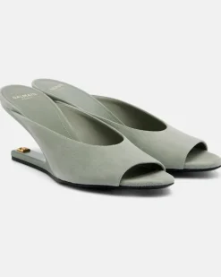 Wedge-Pantoletten aus Veloursleder GrüN