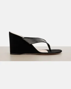 Wedge-Sandalen aus Veloursleder mit Kristallen Schwarz