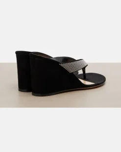 Wedge-Sandalen aus Veloursleder mit Kristallen Schwarz