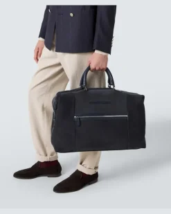 Weekender aus Veloursleder mit Leder Blau