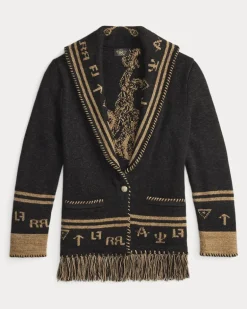 Western-Strickjacke aus Wolle und Seide Black