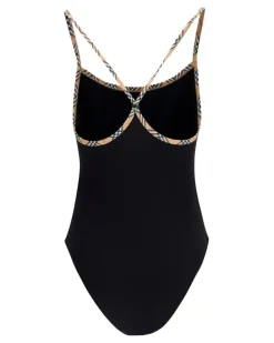 Women Check Trim Swimsuit Black Polyamide; Elastane Swimwear Sea Clothing
