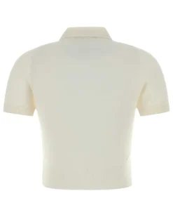 Women Knit Polo Shirt White Viscose Wool
