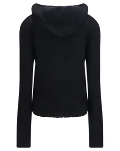 Women's Alpaca-Blend Zip-Up Hoodie Black Fuzzy Sweatshirts Sweater