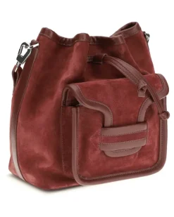 Women's Alpha Bucket Bag Suede Calf Carmine Burgundy Leather Bos Taurus Red