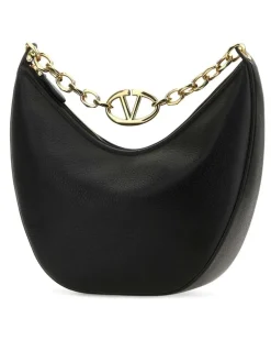 Women's Black Leather Medium Hobo Vlogo Moon Shoulder Bag Nero Calf - Bos Taurus Borse A Mano