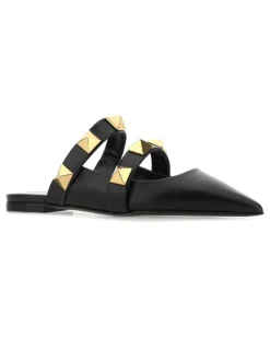 Women's Black Leather Roman Stud Slippers 0no Flat Shoes roman-stud