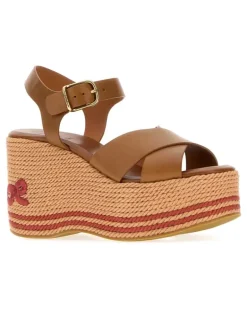 Women's Camel Leather Chloã¨ Sand Wedge Woodrose Sandali Sandal